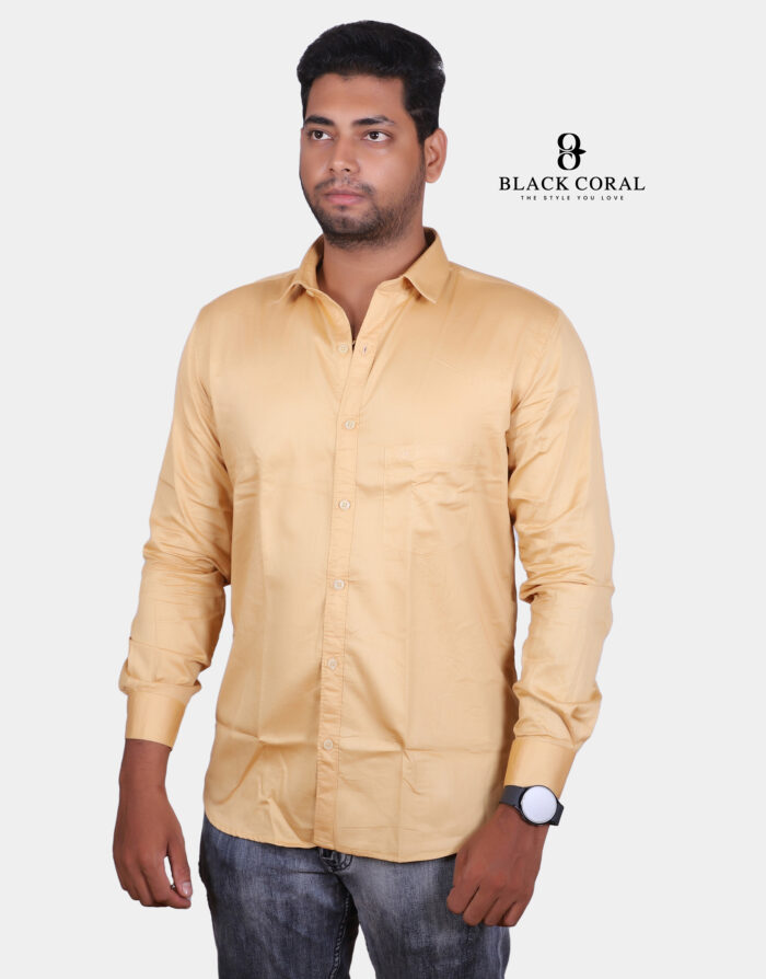 Stylish men’s gold slim fit solid full sleeves casual shirt, perfect for any occasion.