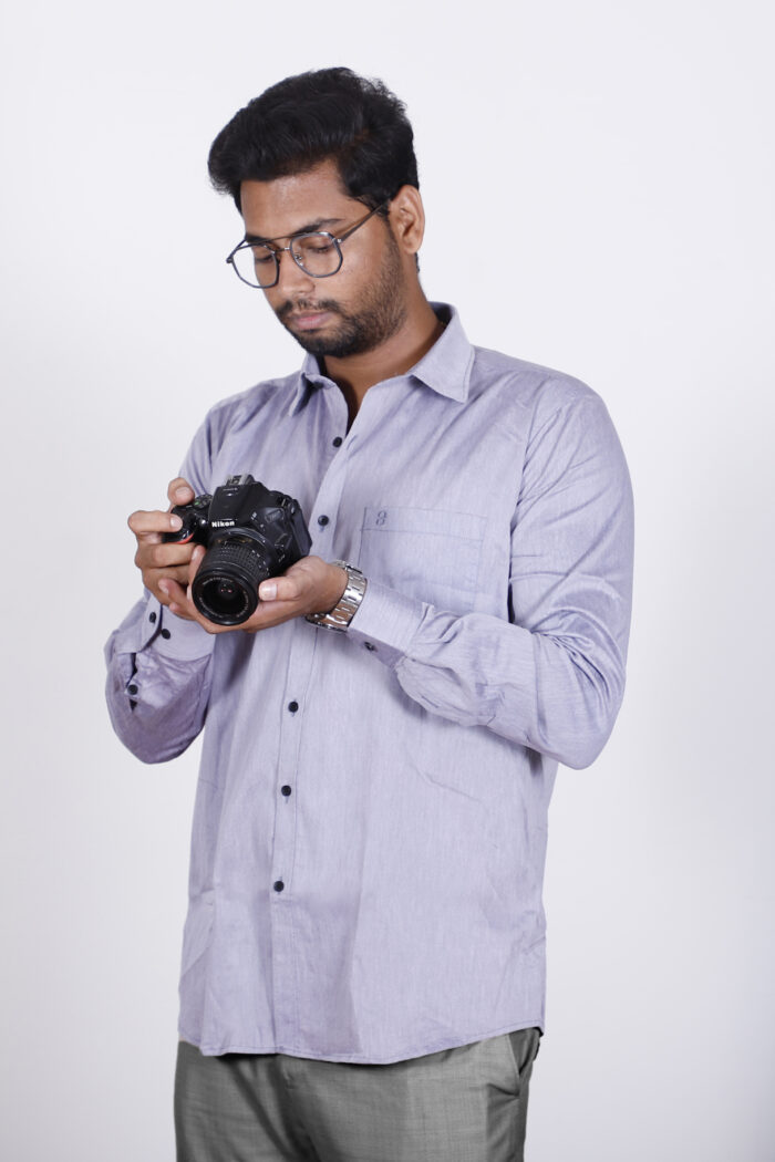 Men's ash gray slim fit solid full sleeves casual shirt displayed on a hanger.