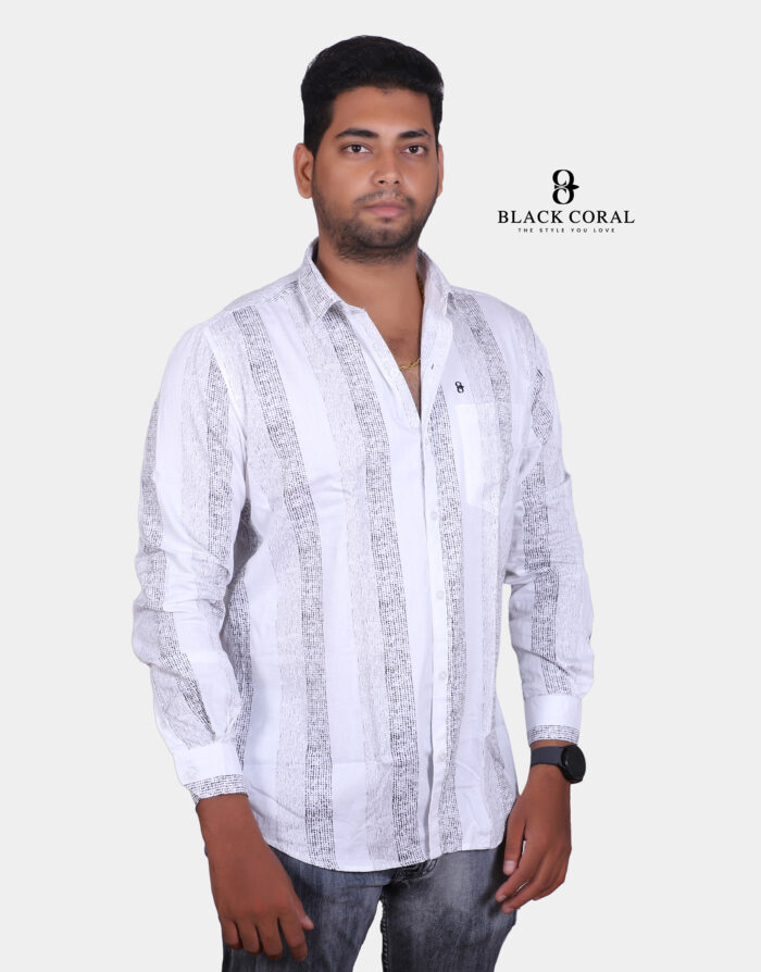 Men’s white slim fit solid full sleeves casual shirt hanging on a wooden hanger.
