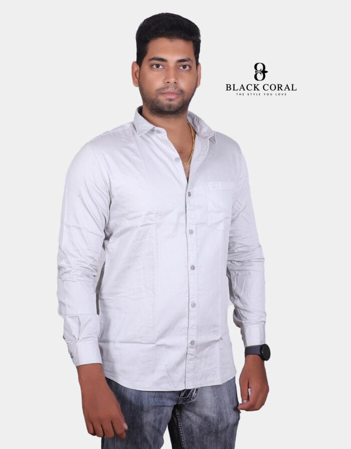 Men's silver slim fit solid full sleeves casual shirt on a white background